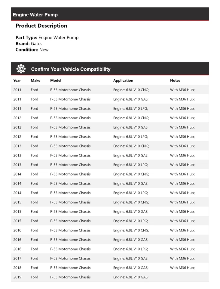 Para 2011-2019 Ford F-53 Motorhome Chassi Motor Bomba de Água Portões 2012 2013 2014 - Imagem 2 de 4