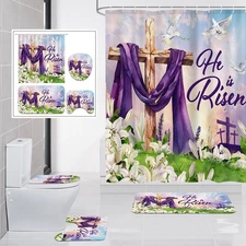 4 Pcs He is Risen Shower Curtain Set, Easter Christian Bathroom Decor with Ru...