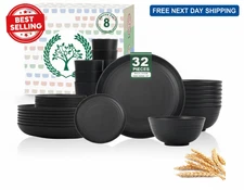 32pcs Wheat Straw Dinnerware Set Plates Bowls Cups Black for 8