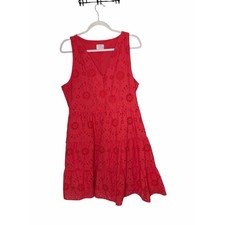 TIME AND TRU Coral Pink Floral Eyelet Tiered Sleeveless Summer Dress Size Large
