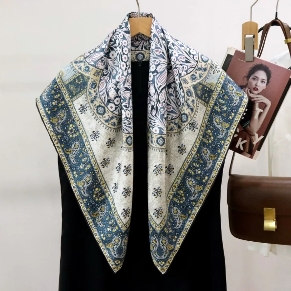 14 Momme Twill Silk Shawl 35'' kerchief Square Bandanna Scarf cashew Print Wrap