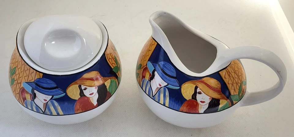 Creamer and Sugar Bowl with Lid Set-Sango-"Cafe Paris"-White-Multicolor Design - Image 2 of 4