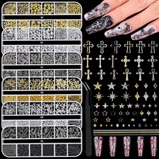 6 Boxes 3D Gold Silver Nail Art Charms, Metal Star Cross Nail Studs Black Cav...