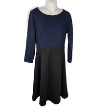 Ann Taylor Loft Womens Dress Size 8 3/4 Sleeve Career Black Blue Stripe A Line