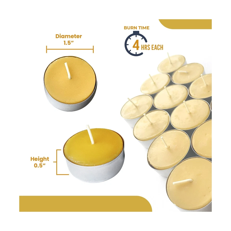 Tealights de cera de abejas pura (paquete de 48) - Luces de té sin perfume con luz y naturaleza... Foto 2 de 4