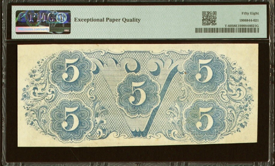 T-60 $5 1863 Confederate States Banknote Civil War Confederacy Money PMG ChAU 58 - Image 2 of 4