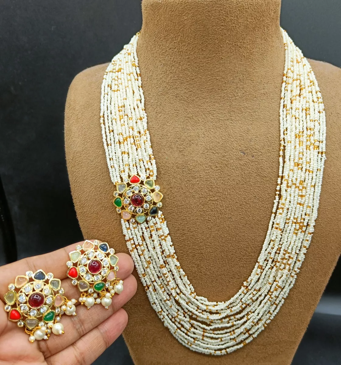 Bollywood Style Pearl Mala Necklace Earrings Traditional Wedding
