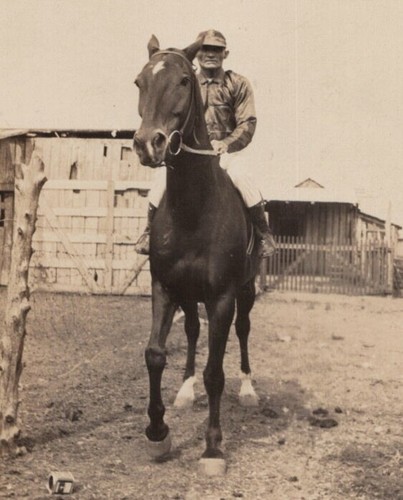 Man horse smiling rustic adventure outdoors nature 1940s vintage casual photo