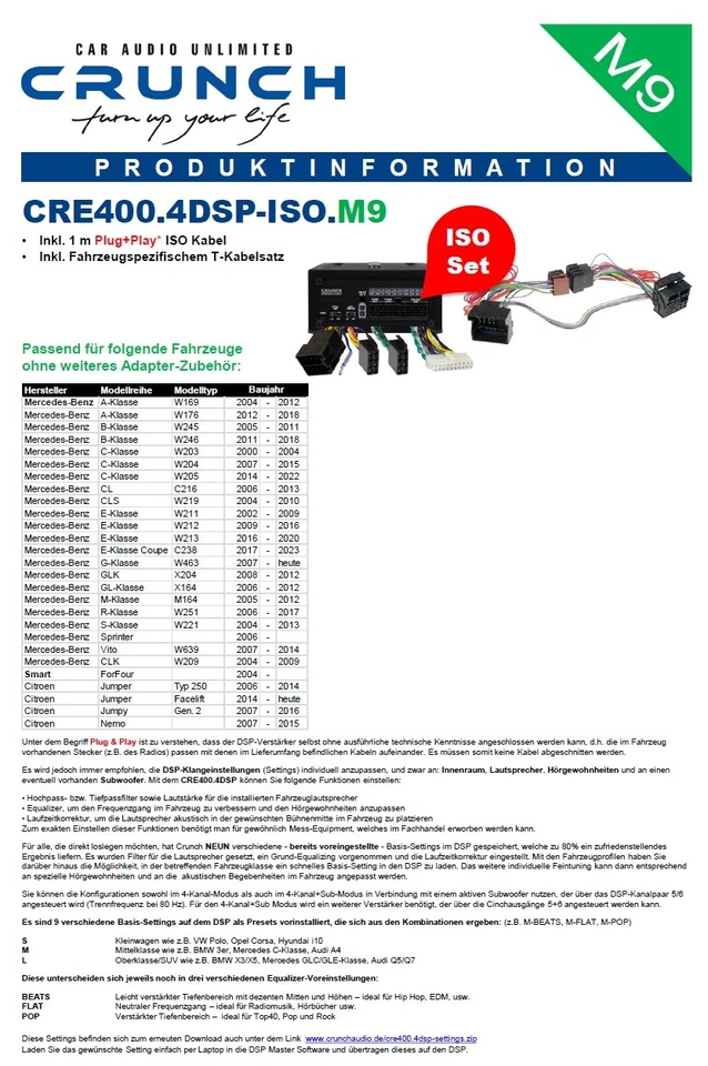 Crunch CRE400.4DSP-ISO.M9 DSP Verstärker kompatibel mit Mercedes C-Klasse W205 - Bild 2 von 4