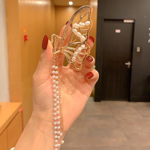 Pinza para el cabello pinza de pelo brocha larga cadena perlas flor mariposa hueca 1 pieza - Imagen 10 de 16
