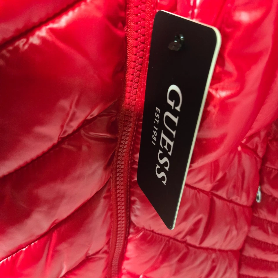 Guess Women's Packable Hooded Quilted Puffer Jacket Red Size M - Image 4 of 4