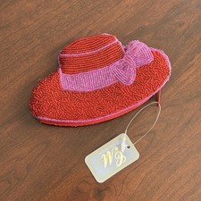 C. Marie Collection Red Beaded Hat Coin Purse 6" x 3.5" Clutch Zipper Vintage