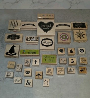 HUGE Lot Wooden Rubber Stamps 34 PC Craft Teacher Art Assorted Brands See Pics 