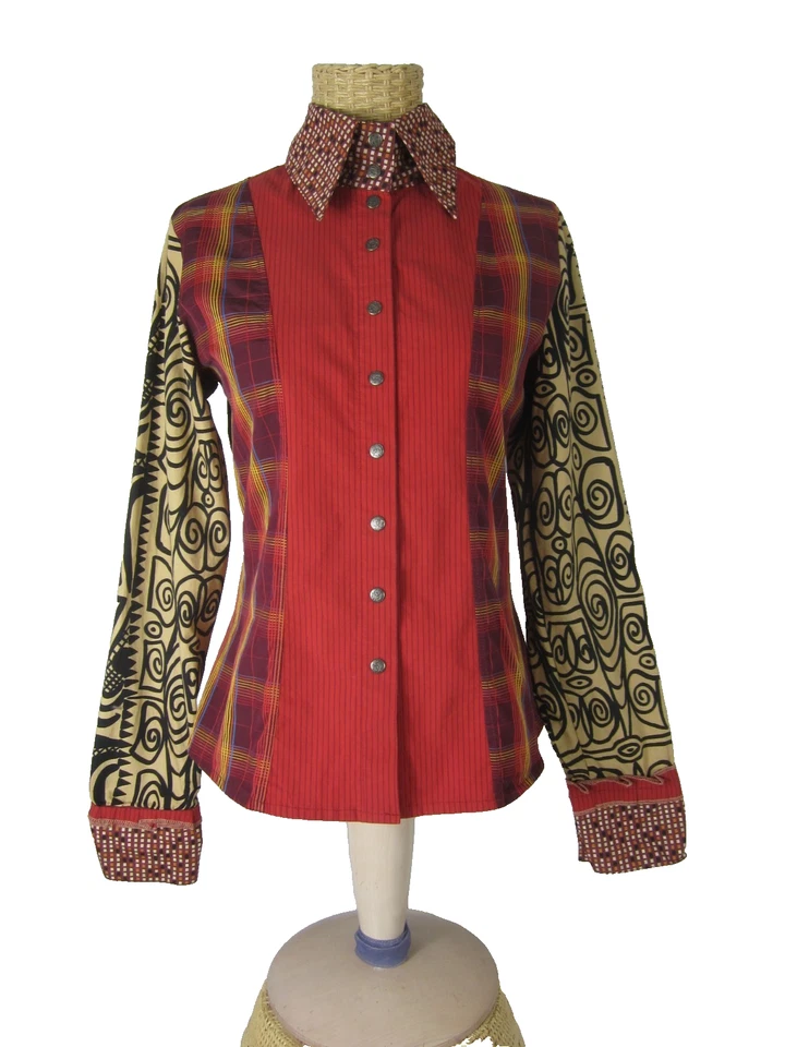 Camisa De Colección Save The Queen Para Mujer S Marrón Óxido A Cuadros Rayas Abstracto A Presión LS Foto 4 de 4