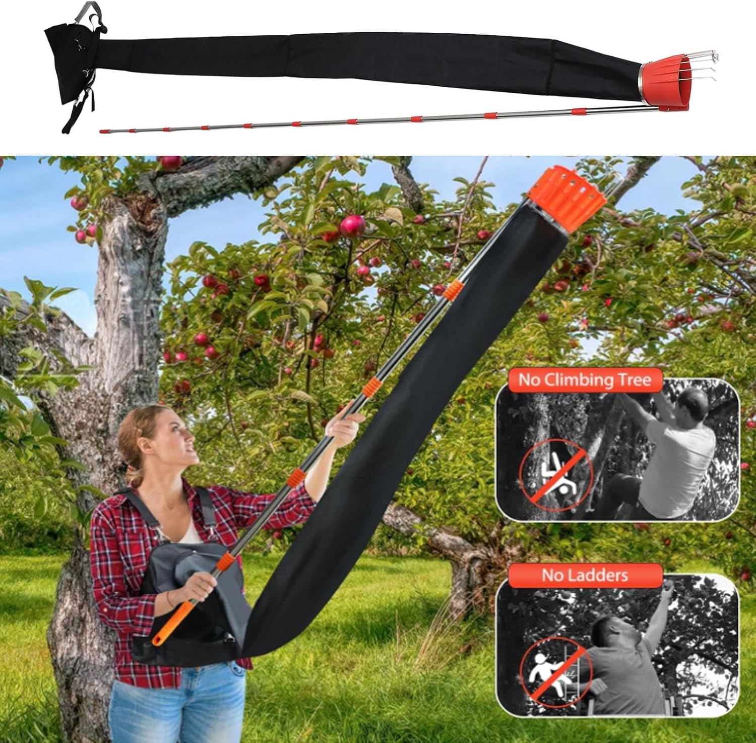 Fruit Picker Pole Tool with Basket Telescoping Long Handle, 13FT Adjustable Oran