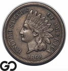 1860 Indian Head Cent Penny, Semi-Key Date, Choice AU+