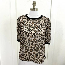 A New Day Women's Semi-Sheer Leopard Print Short Sleeve Blouse Top Size S