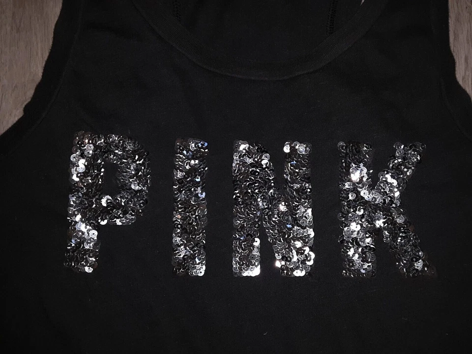 Lote de Camisetas sin Mangas Victoria's Secret ROSA Lentejuelas Bling Negras M Tropical Palmera Foto 3 de 4