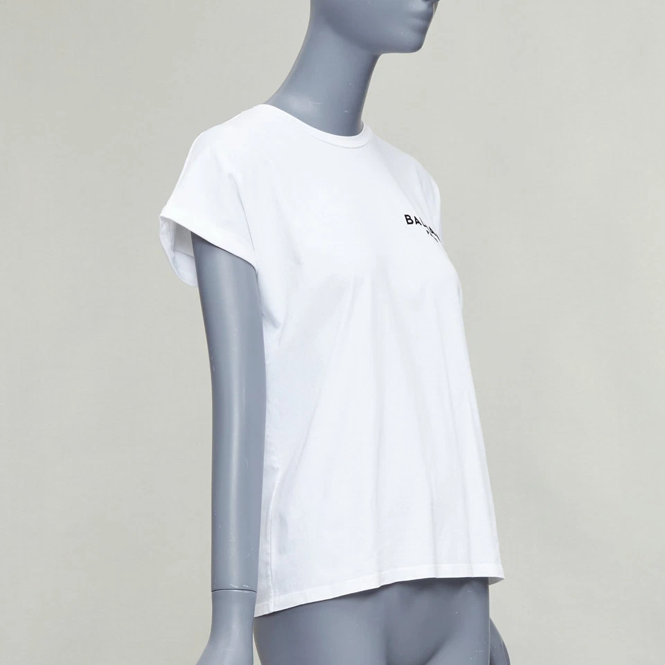 BALMAIN white cotton black logo felt print cap roll sleeve tshirt XS - image 3 of 4