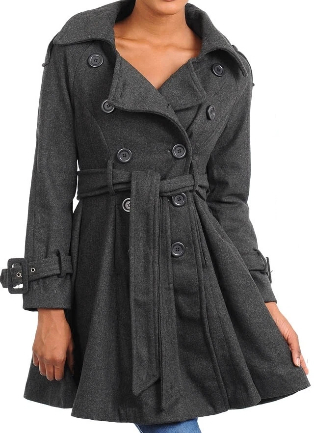 Charcoal Gray Skirted Trench Jacket Peacoat Coat Double Button