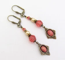 Victorian Revival Earrings Peach Crystals Antiqued Brass Long Romantic Edwardian