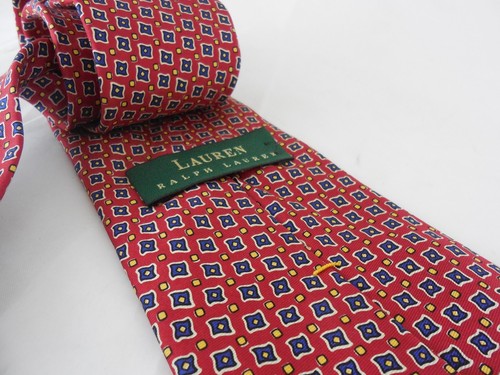 Ralph Lauren Krawatte 100 % Seide rot gemustert 56 1/2 Zoll lang rot blau gelb - Bild 3 von 3