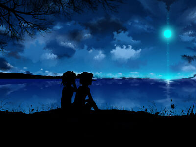 Anime manga dark blue sky night moon silhouette outdoors Playmat Gaming Mat Desk