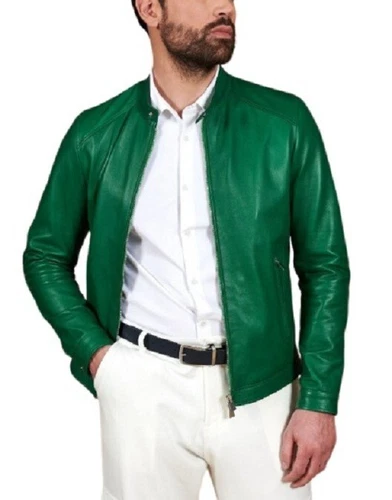 Leather Jacket Men's Vintage Biker Motorcycle Bomber Men Racer Soft Zip Green 3 - product listing photo