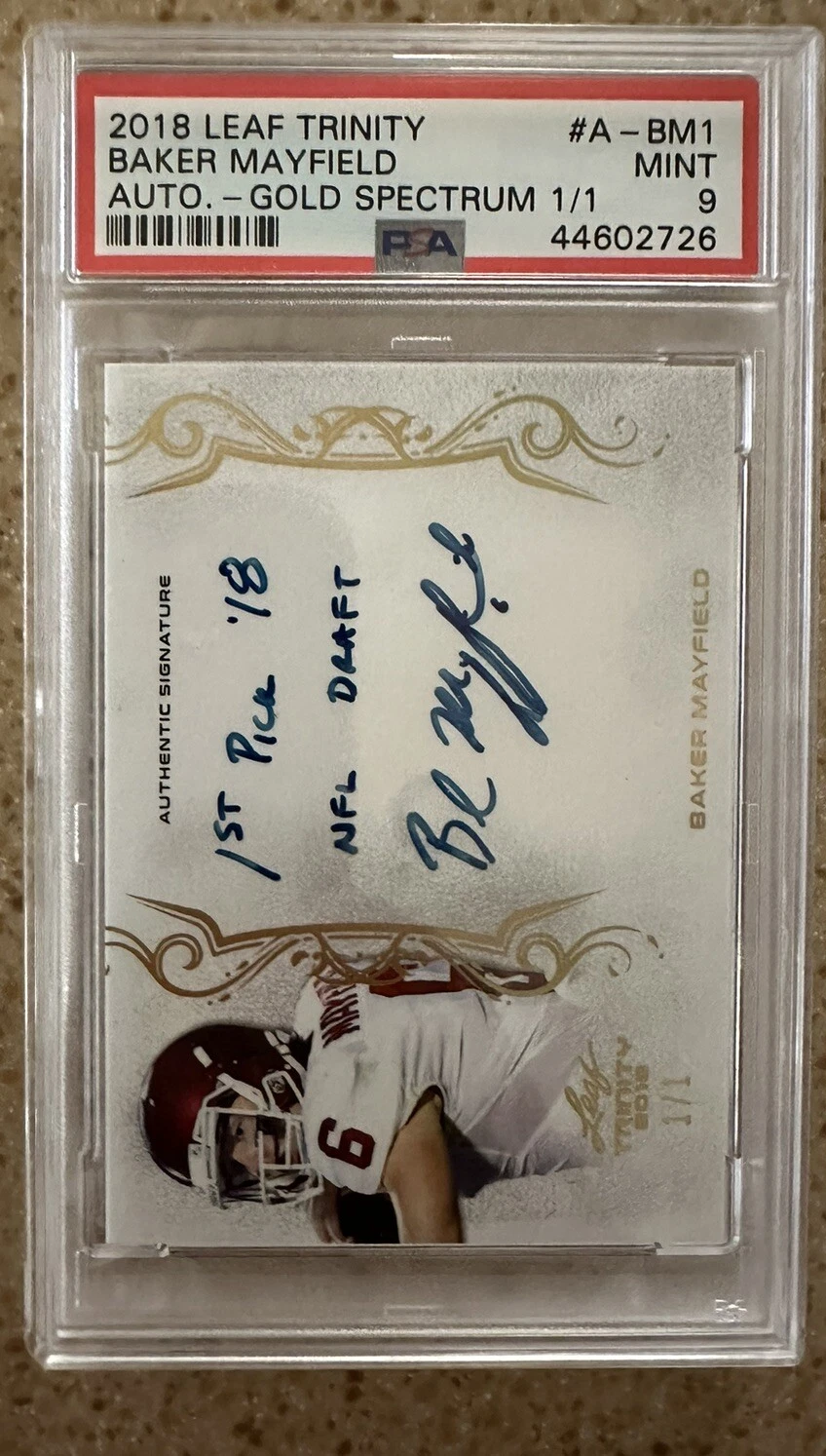 Baker Mayfield Leaf Trinity Autographs #ABM1 Gold Spectrum 1/1