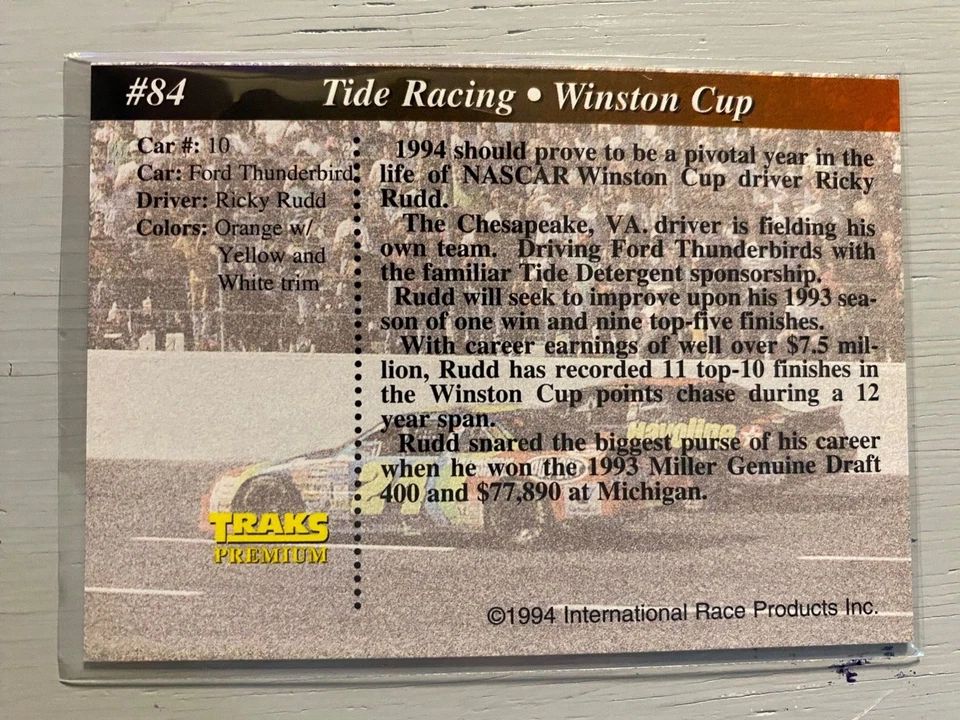 Ricky Rudd (Tide Racing) - 1994 TRAKS Premium NASCAR Card #84 - Image 2 of 2