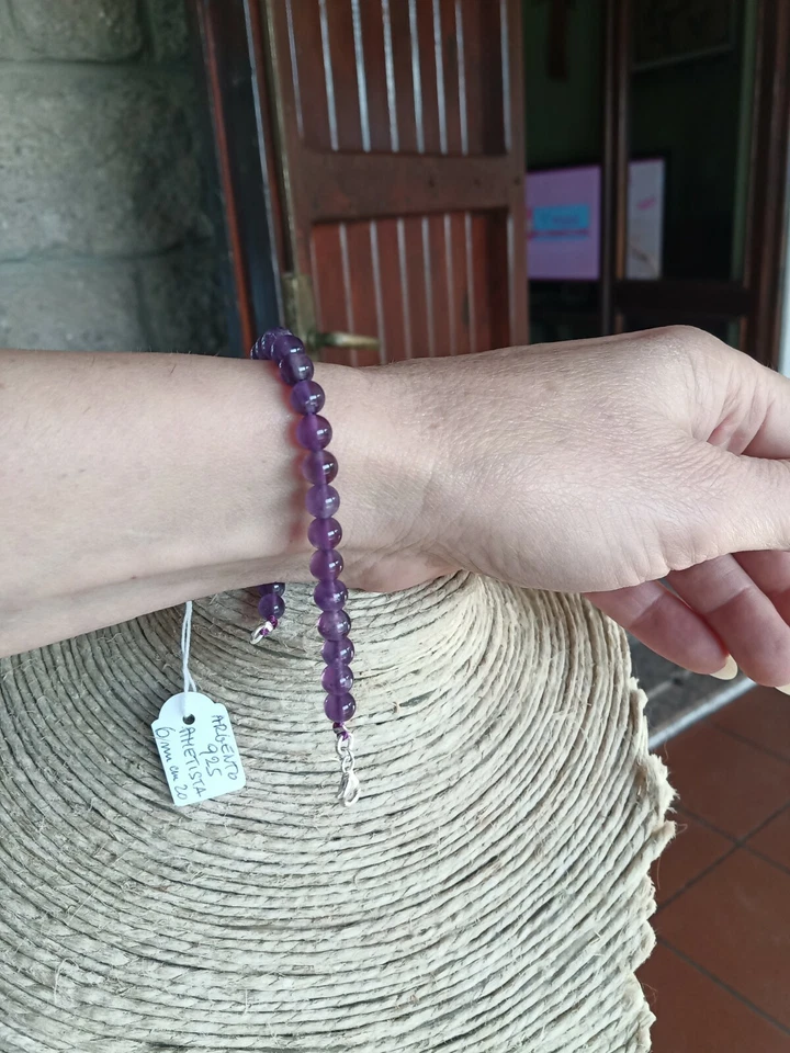 Braccialetto Argento 925 e AMETISTA naturale 6mm cm 20 nuovo bracciale - Immagine 2 di 4