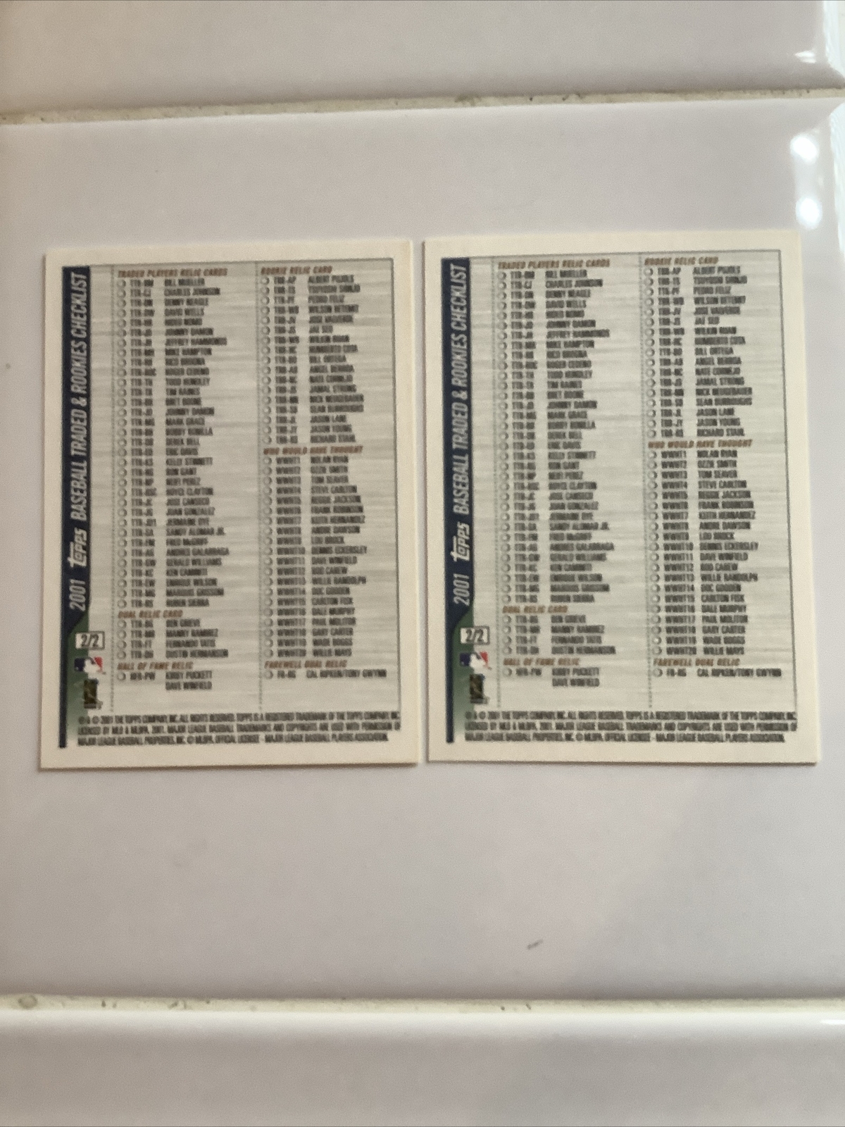 2001 Topps Traded & Rookies Checklists # 1/2 & #2/2