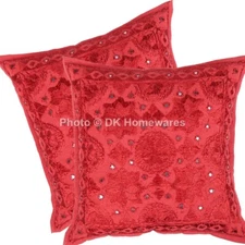 Cotton Throw Pillow Covers Boho Mirrored Indian Embroidered Set Of 2 Pillowcase