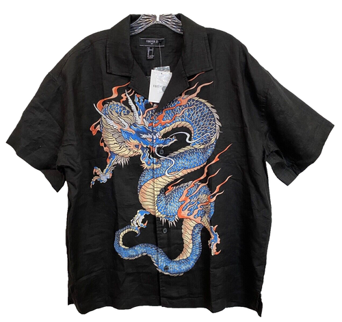 NWT Forever 21 100% Linen Shirt Mens Large Black w DRAGON Short Sleeve - Picture 8 of 8