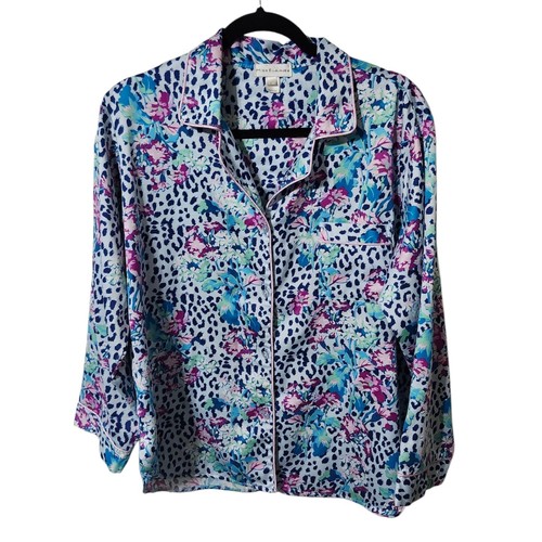 Miss Elaine Large Sliky Pajama Set Top Pants Blue Paisley Floral Print - Picture 3 of 11