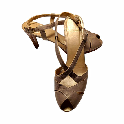 Stuart Weitzman Taupe Strappy Peep Toe Buckle Leather Stiletto Sandals 9