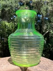 Vtg Green Uranium Glass Beehive Jar Ribbed Carafe & Lid