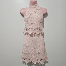 Shein - 2 Piece Set Crop Top Turtleneck and Skirt Lace - Size XL - Pink