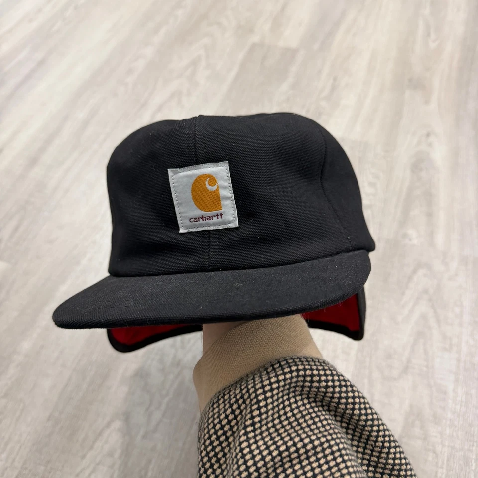 De colección Carhartt Aislado Oreja Solapa Trampero Sombrero Negro Grande Ropa de Trabajo Años 90 EE. UU.  Foto 3 de 4