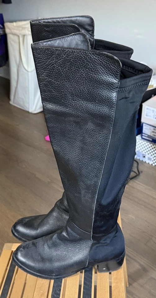 Botas RSVP de couro preto panturrilha larga e joelho elástico, tamanho 9 - Imagem 3 de 4