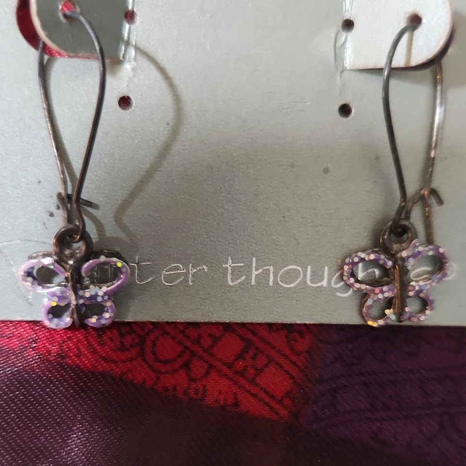 Silver Tone Purple Simulated Rhinestone Butterfly Dangle/Drop Hook Earrings - Image 1 of 1