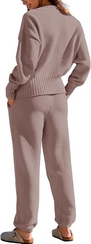 Khaki Women Large Two Piece Outfits Button Down Sweater Sets Knit Loungewear - Picture 5 of 5