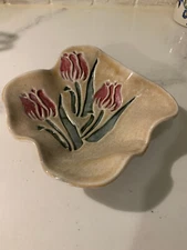 Spring Tulip floral Janet Rodriguez Pottery Signed Bowl Dish Tray Plate