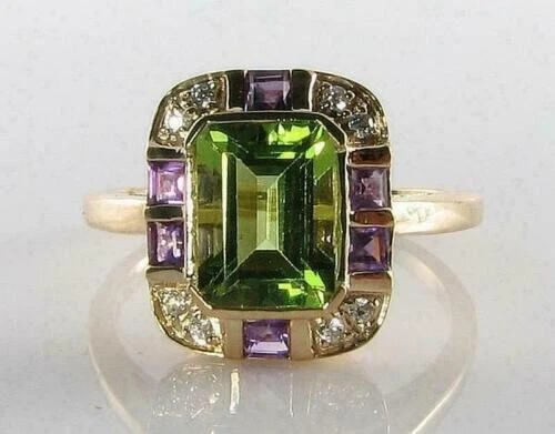 3Ct Emerald Cut Peridot Amethyst Diamond Lab Created Ring 14K Yellow Gold Finish - Image 2 of 4