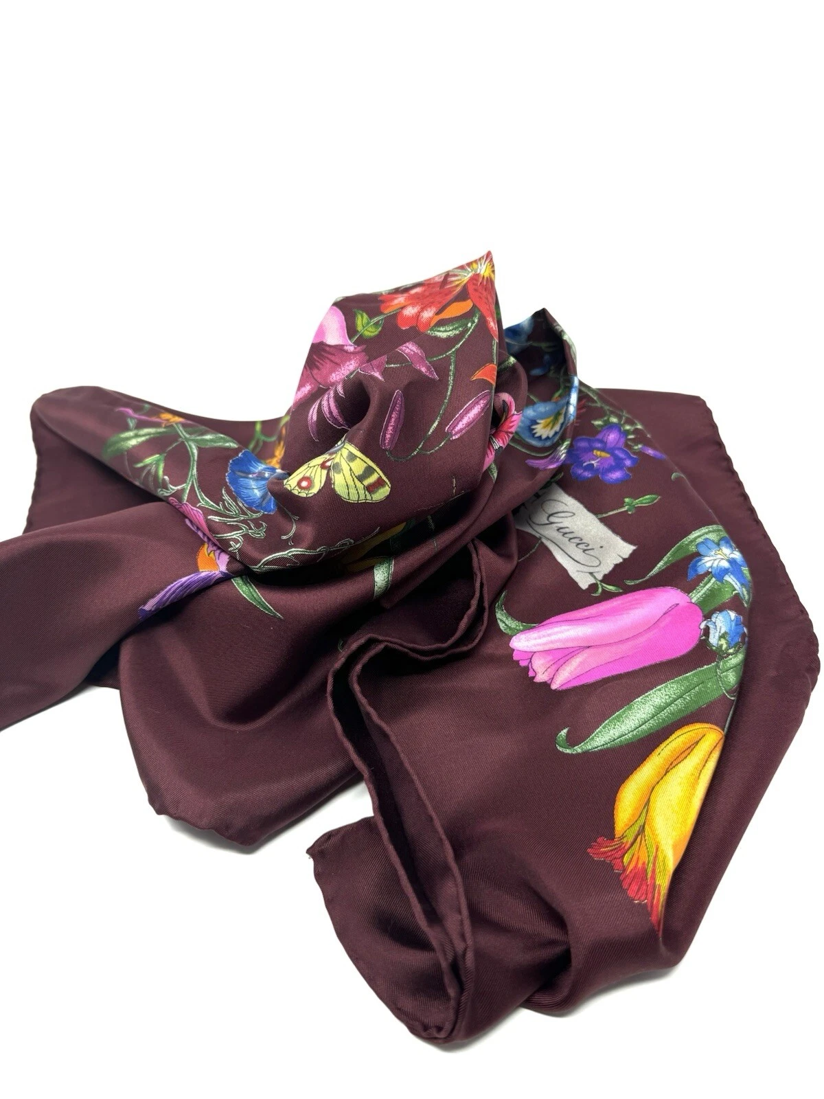 Foulard en soie Gucci bordeaux imprimé floral forme carrée RARE