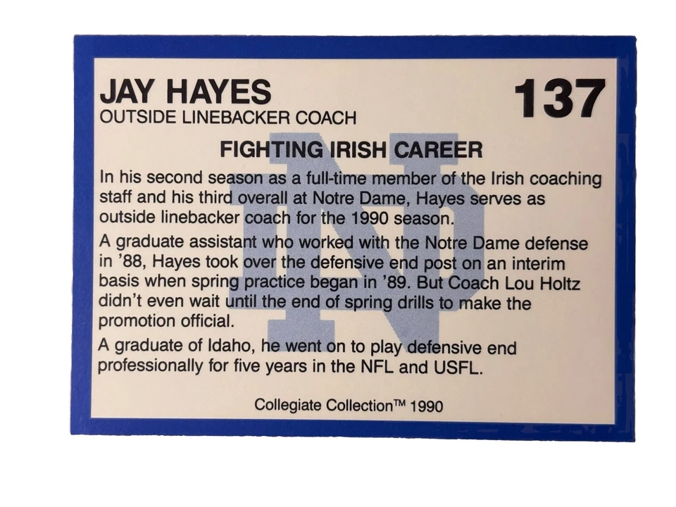 Excellent: Vintage 1990 Collegiate Collection Notre Dame Jay Hayes Card - Image 2 of 2