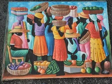 COLORFUL NAIF STREET VENDORS PAINTING BY HAITIAN MASTER ERNST JEAN LOUIS  30"X40