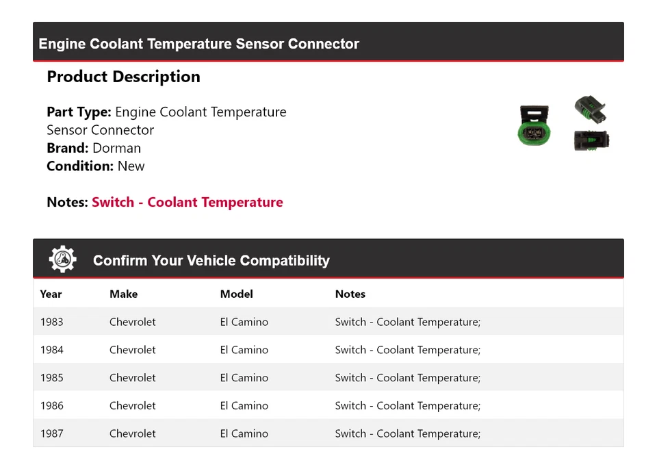 Conector sensor temperatura refrigerante Chevrolet El Camino Dorman 1983-1987 Foto 2 de 4