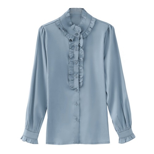 Blusa elegante clásica clásica elegante camisas de seda sintética de satén manga larga con cuello con volantes - Imagen 15 de 34