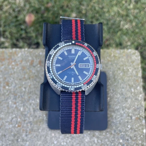 Vintage Seiko RALLYE 42mm Automatic Watch Blue Dial w/ Orange Hand 7006-8030